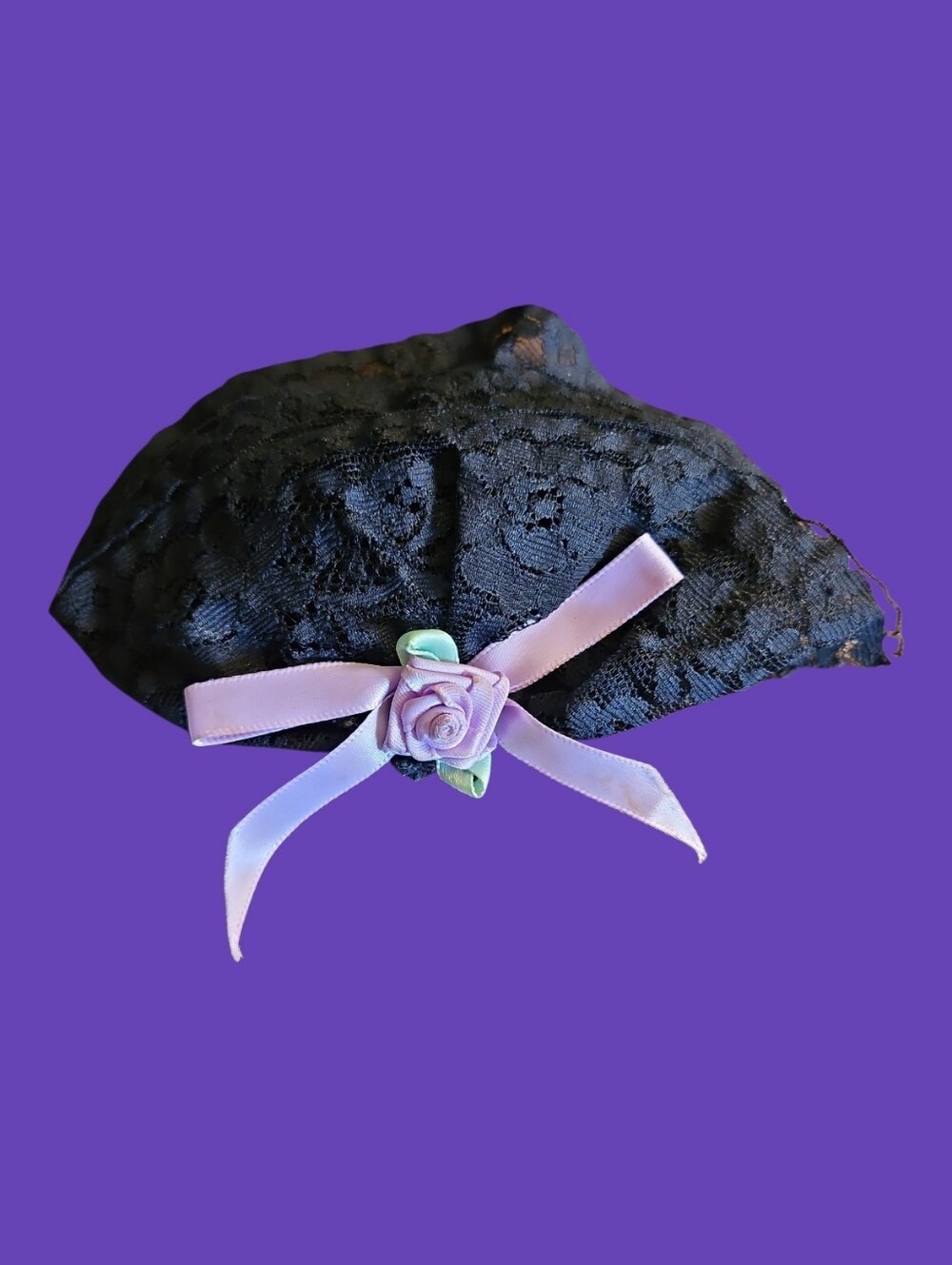 Vintage Fan Shape Black Lace Hair Barrette with Lavender Rose Accent